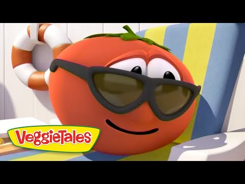 Tomato character from VeggieTales wearing sunglasses, relaxing on a striped beach chair with a lifebuoy in the background.