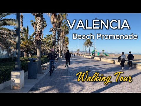 Valencia Beach Walking Tour 4K | Relaxing Seaside Promenade Walk (No Talking)