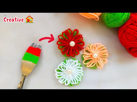 Amazing Woolen Flower Craft Idea Using Fork Trick | Easy Handmade Flower Making | Woolen Crafts