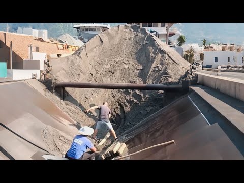 Barge unloading 4300 tons of river sand - Smooth flow, relaxing - Vlog of work on the barge