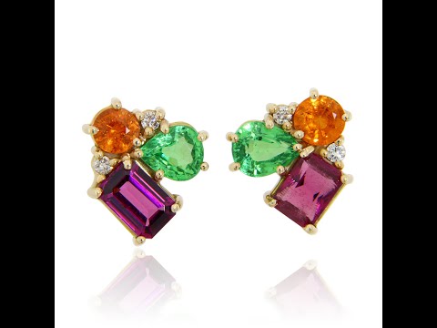 Cercei Aur 14k Granate Mandarin Tsavorit Rodolit Diamante Naturale - Trio de Exceptie