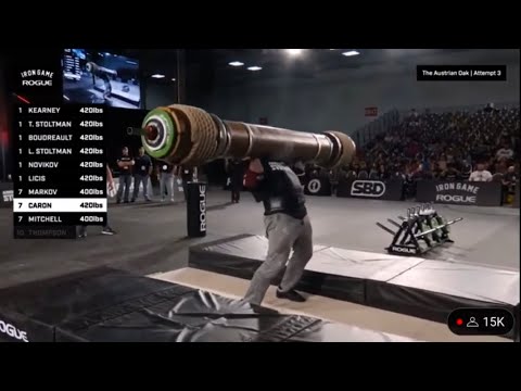 Strongman JF Caron drops 420lb log on himself