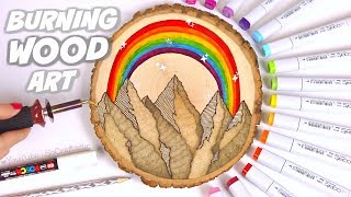WOOD BURNING with COPIC MARKERS // Rainbow Mountain Art on Basswood