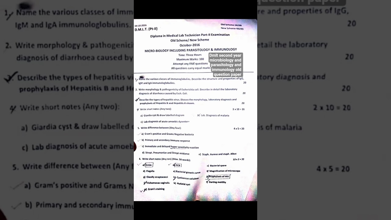 Dmlt second year microbiology and parasitology and immunology old question paper #dmlt#microbiology