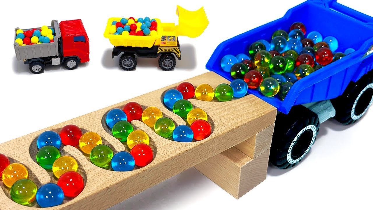 Marble Run Race ☆ HABA Slope & Retro Makita Truck, Excavator, Garbage Truck, Dump Truck, Ambulance 2