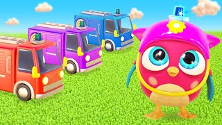 Hop Hop plays with a fire truck for kids & a toy car on the racing track. Baby videos. Kids cartoons