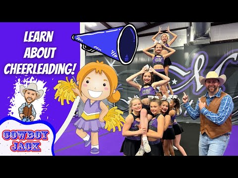 Bright banner with 'Learn About Cheerleading!' text, a cartoon cheerleader, a cowboy figure, and a megaphone beside a real cheer squad posing in a gym flank image for Cowboy Jack promo.