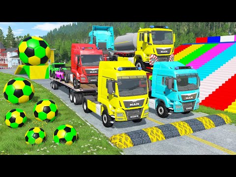Double Flatbed Trailer Truck vs Speedbumps Train vs Cars | Tractor vs Train Beamng.Drive #339