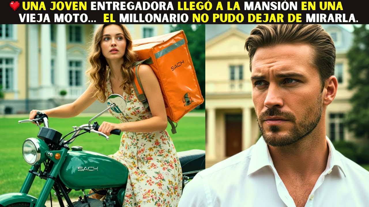 UNA JOVEN ENTREGADORA LLEGÓ A LA MANSIÓN EN UNA VIEJA MOTO…  EL MILLONARIO NO PUDO DEJAR DE MIRARLA.