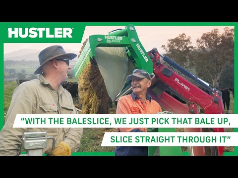 "It's been a real time-saver for us," says Rhys Miller of his Hustler BaleSlice LX190 bale cutter