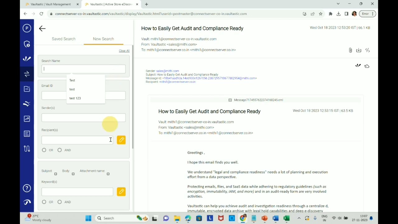 The E-discovery Interface on Vaultastic