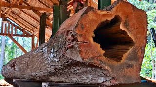 the horror of sawing the largest redwood logs at the sawmill