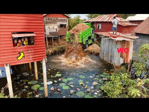 Amazing Working Fill Land In The Flooded Village Process by Bulldozer Komat'su with Dump Truck Unloa