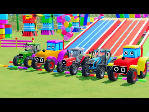 TRANSPORTING FIVE COLOR SMALL AND MEDIUM TRACTORS,  ROLLS ROYCE, CHEVROLET!! FARMING SIMULATOR22