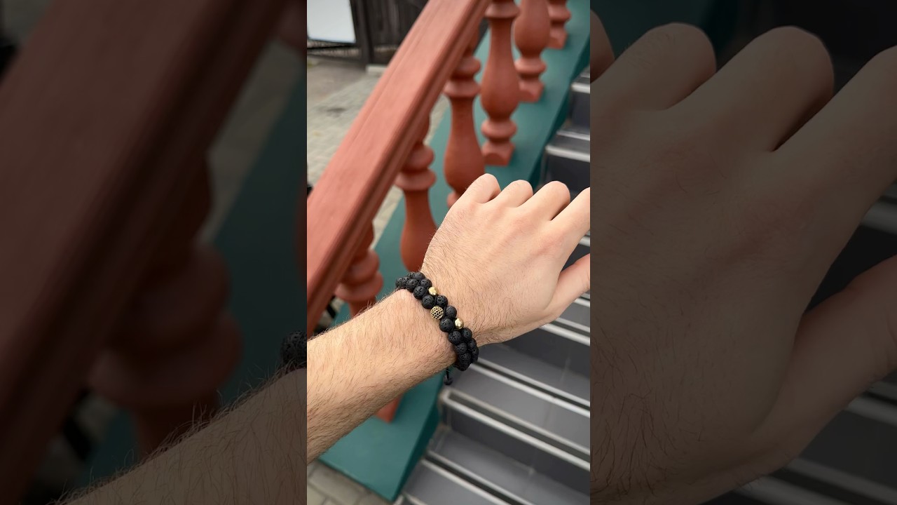 Подвійний плетений браслет з лавового каменю з кулею та гематитом золотого кольору (80146) - 4