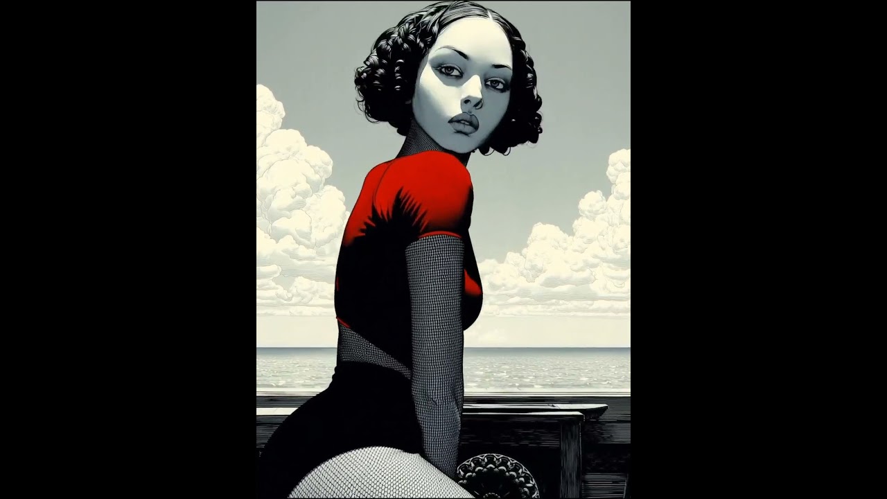 Surreal illustration of a mysterious woman in striking red and black. #Art #Surrealism #VintageArt