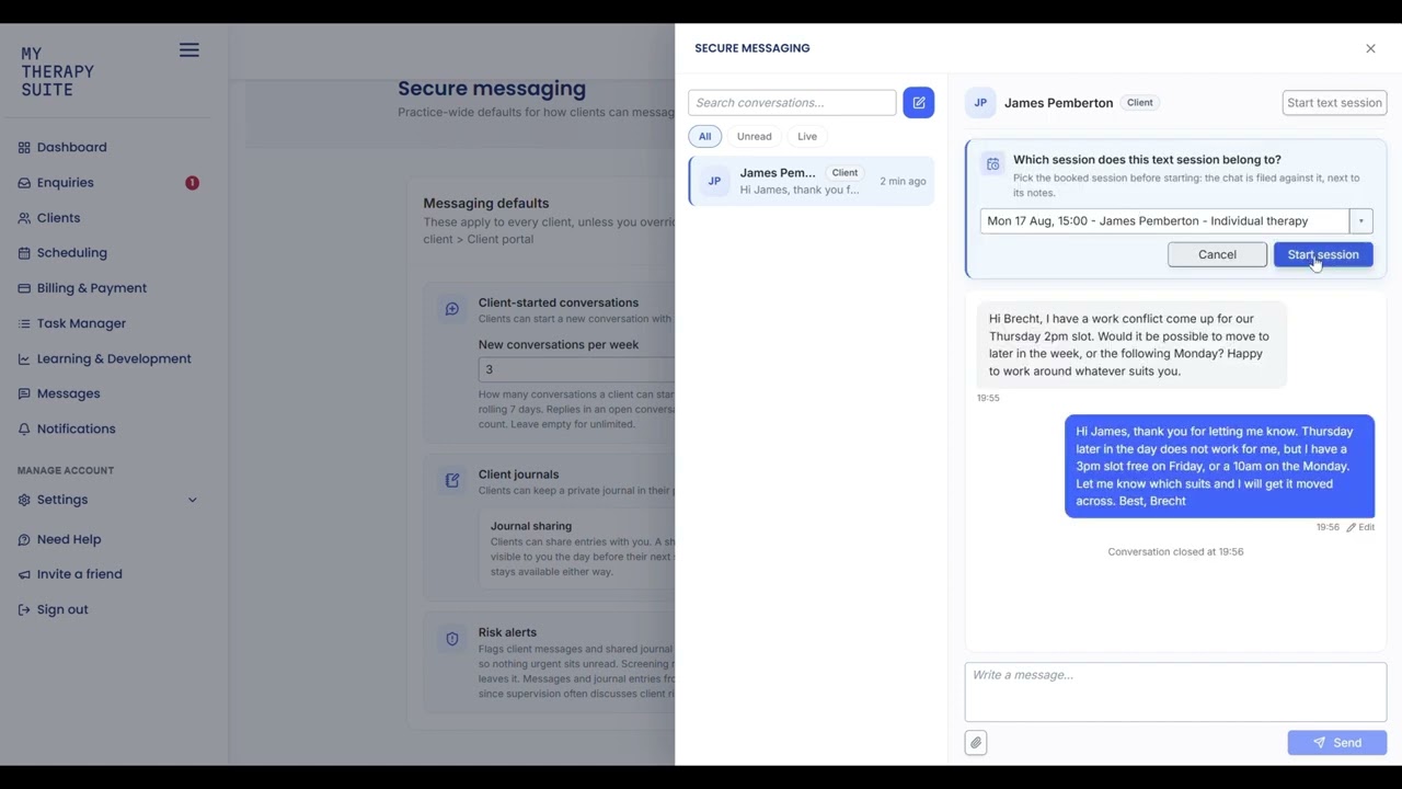 Secure messaging and client journals, between sessions demo