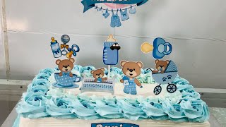 Bolo chá de bebê fácil, bolo com bico 1M azul e branco