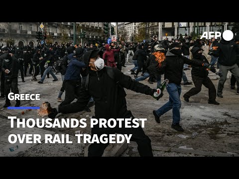 Video Thumbnail: Clashes in Athens between protesters and police at train crash anniversary demo | AFP