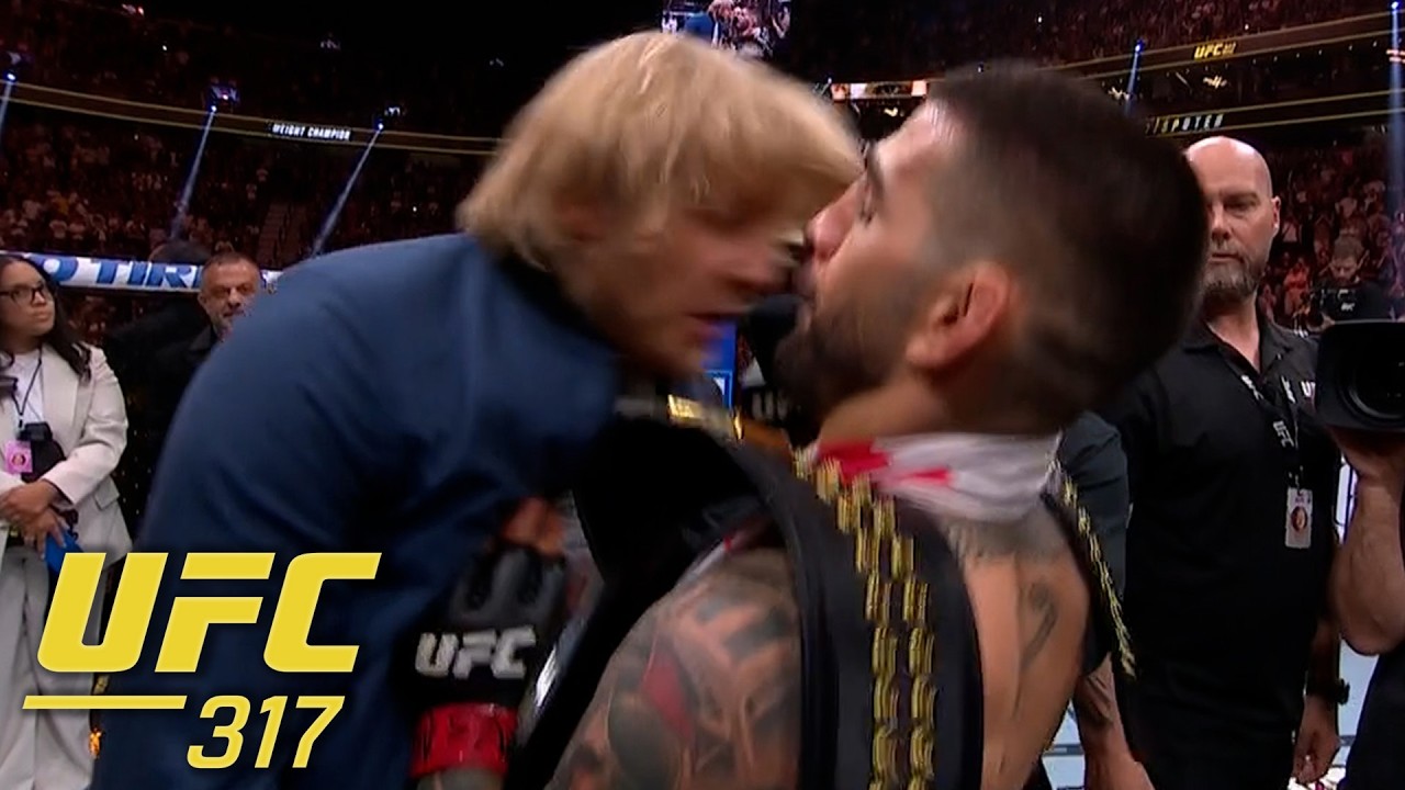 Ilia Topuria shoves Paddy Pimblett after calling him out at #UFC317 | ESPN MMA