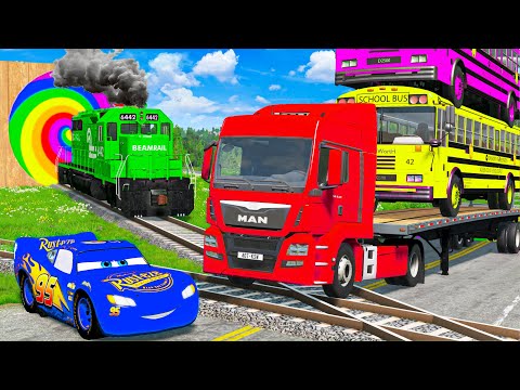 Flatbed Trailer Truck Rescue Bus - Cars vs Deep Water - Cars vs Rails and Trains - BeamNG Drive #006