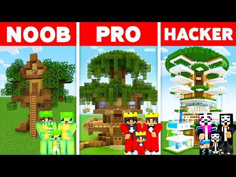 Minecraft NOOB vs PRO vs HACKER: SAFEST FAMILY TREEHOUSE BUILD CHALLENGE
