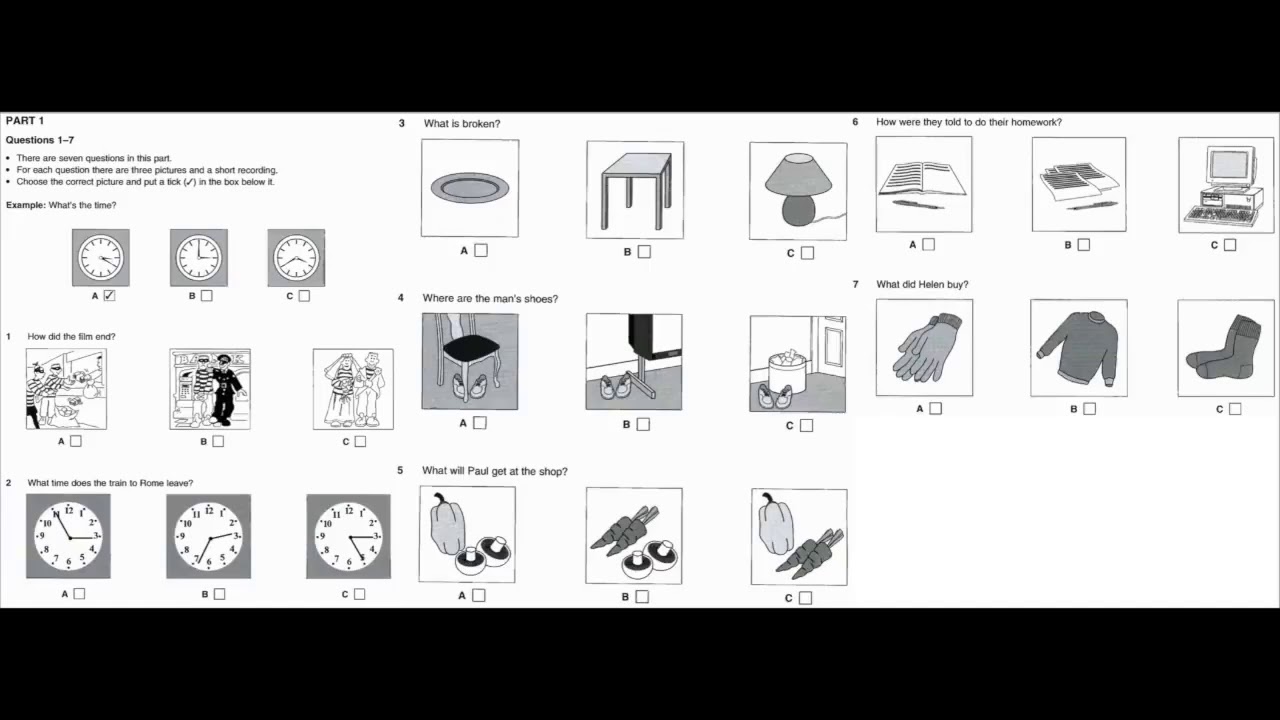 Listening B1, PET 3, Test 2, Part 1