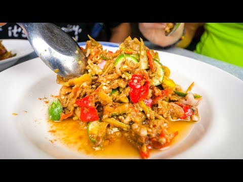 EXOTIC LAO FOOD - Bile Meat Laap, Green Banana Salad & Raw Duck Blood in Vientiane, Laos!