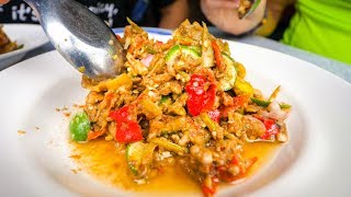 EXOTIC LAO FOOD - Bile Meat Laap, Green Banana Salad &amp; Raw Duck Blood in Vientiane, Laos!