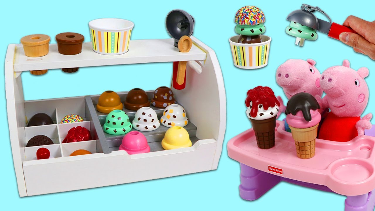 Watch video Peppa Pig Toy Ice Cream Scoop Dessert Shop for Baby George, Mummy Pig, & Daddy Pig! Now Peppa Pig Toy Ice Cream Scoop Dessert Shop for Baby George, Mummy Pig, & Daddy Pig!