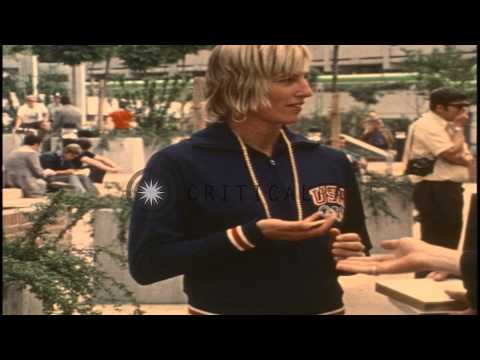 US diver Micki King displays her gold medal which she won in diving during the 19...HD Stock Footage