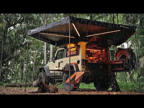 COZY SOLO Camping in Heavy Tropical RAIN [ Relax, Sleep and Eat under a modular Awning, ASMR ]