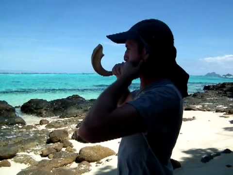 Blowing Shofar on a beach in Fiji
