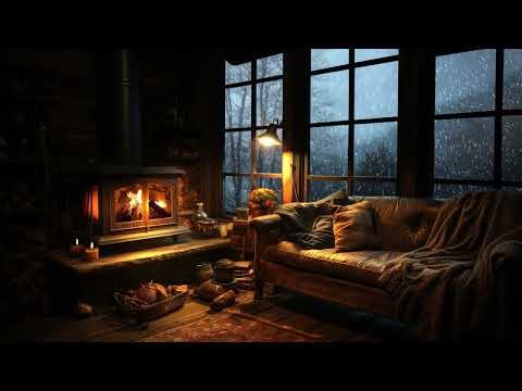 Cabaña en el Bosque con Chimenea, Suave Música y LLuvia para Relajarse 4K