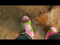 Pink Rubber Boots Playing In The River Flooded