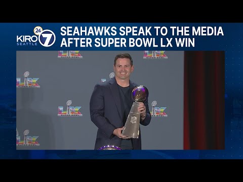 Seahawks Head Coach Mike Macdonald speaks to the media following Super Bowl LX victory