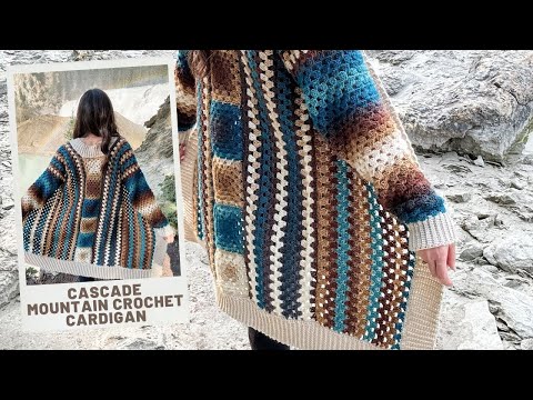 Cascade Mountain Crochet Cardigan - Easy side across construction with granny square panel