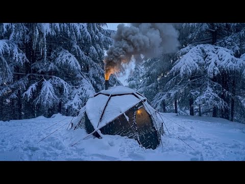 Extreme Hot Tent Camping | Rain, Heavy Snow & Sub-Zero Blizzard Survival ASMR