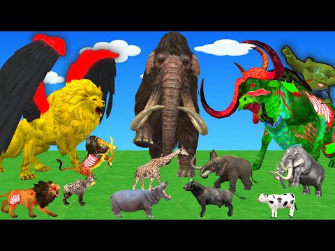 20頭の巨大マンモスゾウとウシ vs ライオン・オオカミが巨大ゾンビ化！ウシアニメの救出劇 ― マンモスが救う！