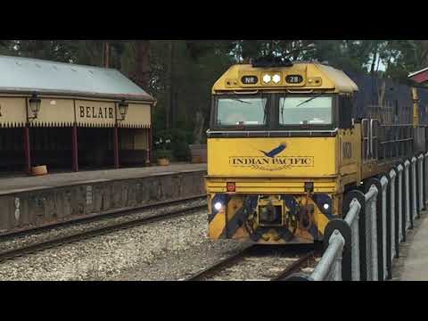 ARTC BELAIR PASSING LOOP 2020 12 16 1PM6, NR28 Indian Pacific paint job-  Slows into loop to hold.