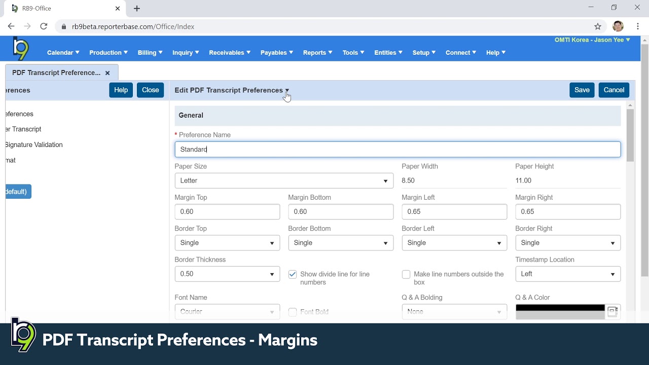 PDF Transcript Preferences Margins