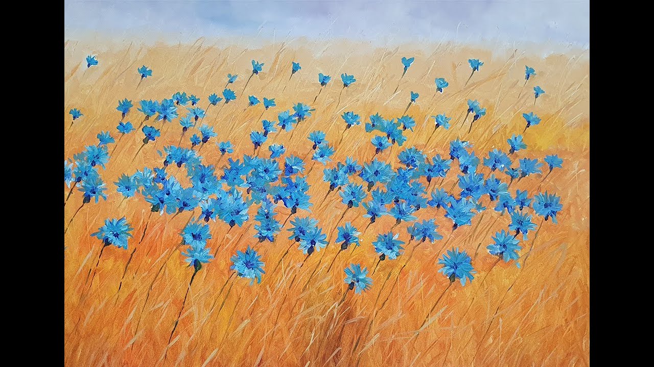 Васильковое поле. Пейзаж. Живопись маслом для начинающих.