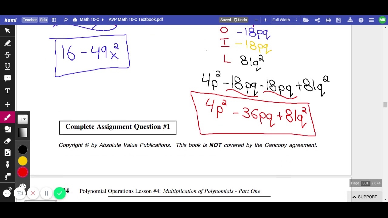 Math 10-C Unit 2 Lesson 4 - Multiplying Polynomials Extended (Part 1)