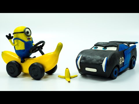 Cars 3 meets Despicable Me 3 Jackson Storm RACES Minion on a Banana Cycle Stop Motion Animation FUN Video