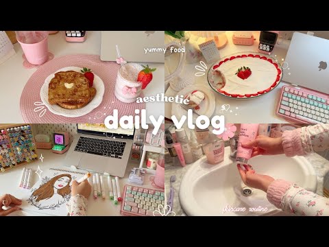 Daily vlog💗🎀 aesthetic & productive day in my life, strawberry tiramisu 🍓panting, daily routine🌷
