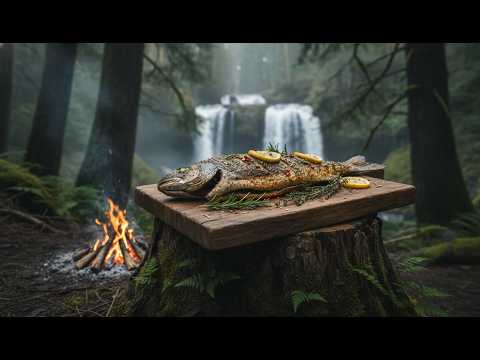 Catching, Preparing and Cooking Fresh Fish in the Forest by the Waterfall