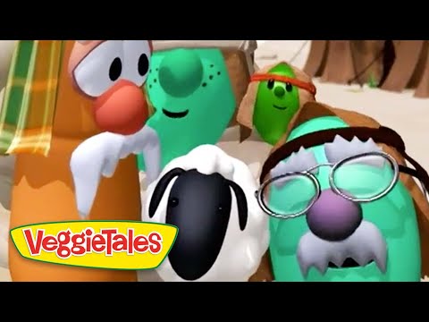Group of VeggieTales characters posing on a sunny beach with the VeggieTales logo in the corner.
