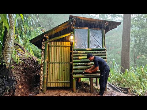 3 days solo camping survival in the forest building a bamboo house alone in heavy rain ASMR