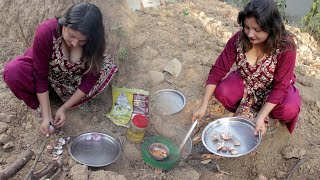 beautiful village girl cooking pork curry with pul