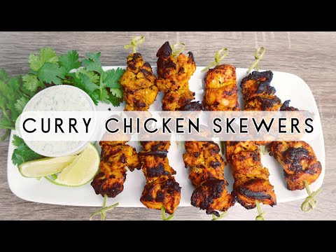 Grilled Curry Chicken Skewers with Lime Cilantro Yogurt Sauce | Easy grilled chicken recipe